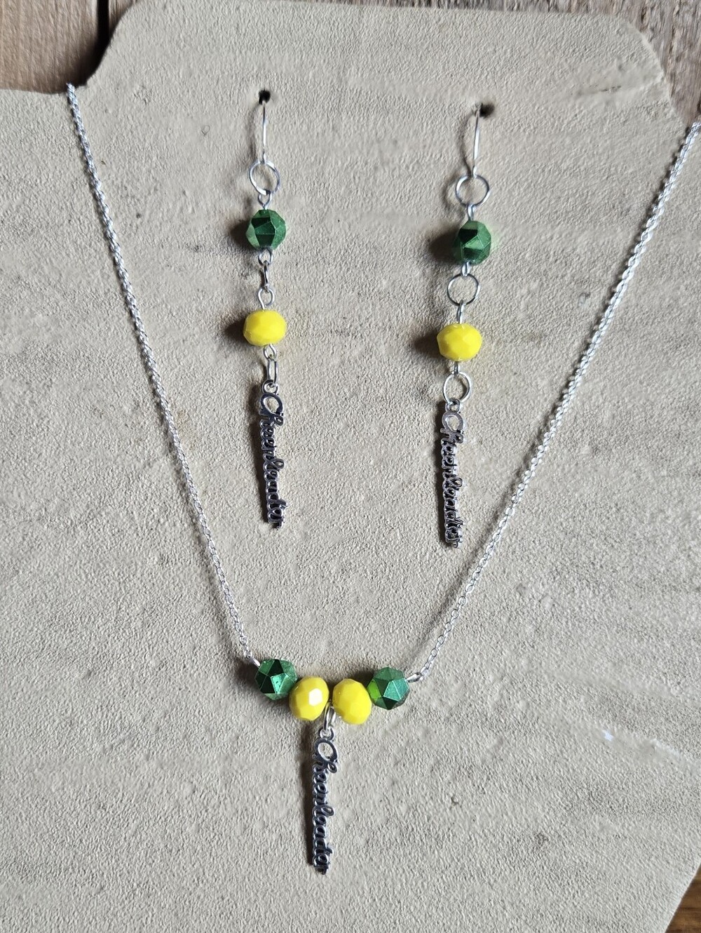 Cheerleader Necklace & Earrings Set | Green & Yellow Beaded Jewelry